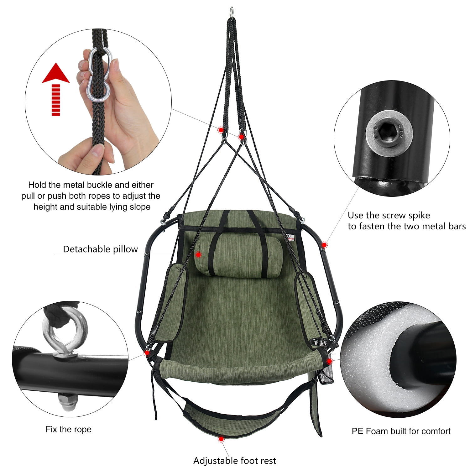 Bathonly Hammock Chair with Footrest, Sky Chair with Metal Bar, Max 330 LBS Capacity, Green. G1-0021GN