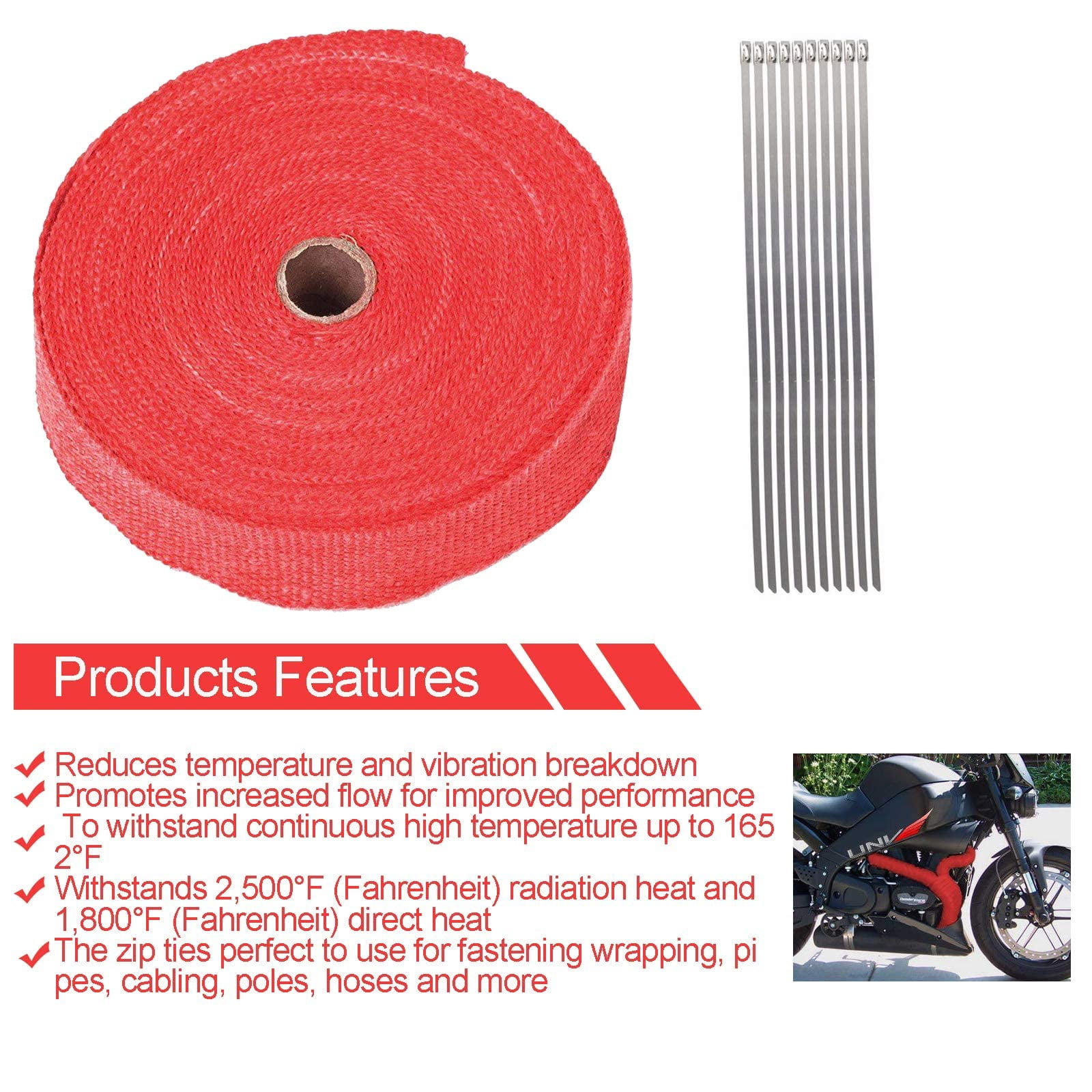 Confote 2" x 50Ft Red Roll Fiberglass Exhaust Header Pipe Heat Wrap Tape + 10 Zip Ties