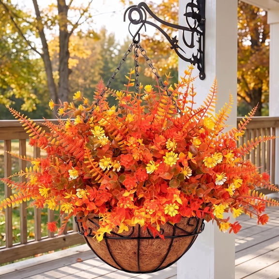 Scidweet Artificial Fall Hanging Flowers with Basket Outdoors, 12 Pcs Autumn Fake Flowers Faux Plants Coconut Lining Basket Fall Decorations for Home Outside Patio Garden Decor, Multicolor