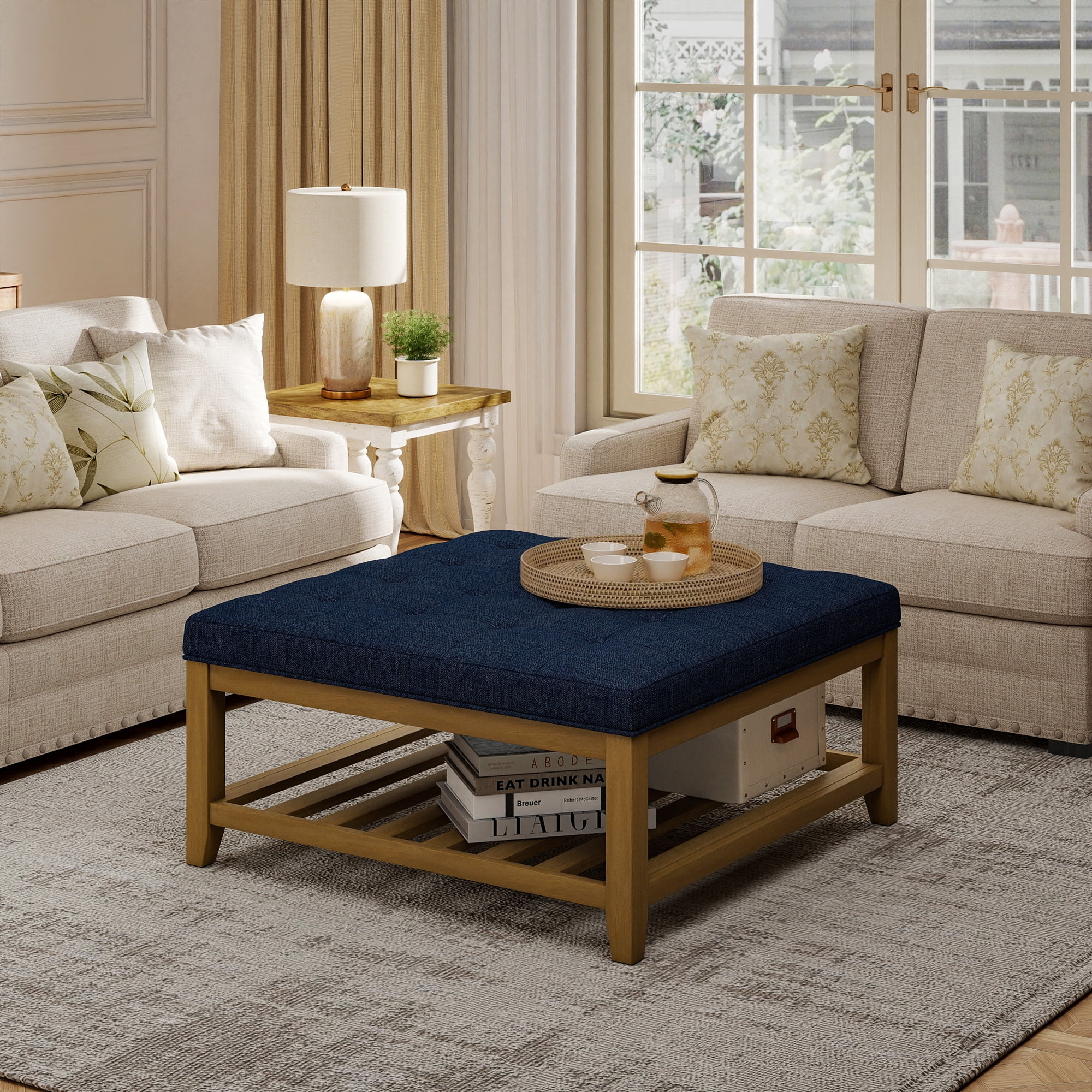 Square Upholstered Ottoman Coffee Table with Storage Shelf, Linen Fabric, Tufted Top, 31.9"x31.9", Navy Blue