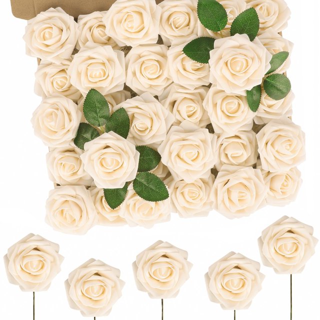 Flores artificiales N&T NIETING, rosas de espuma en crema, 50 unidades, 18 cm