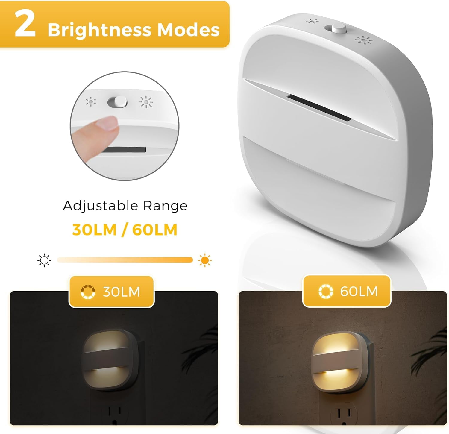 Night Light Plug in, Foldable Night Lights Plug into Wall with Dusk to Dawn Sensor, 2 Brightness Level, Ideal Nightlight for Bathroom, Hallway, Kitchen, 3000K Soft White, 2 Pack