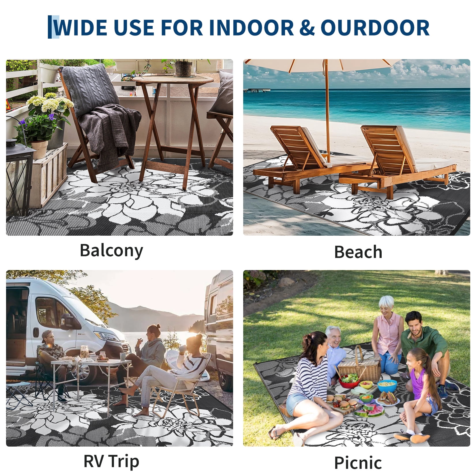 GlowSol 9'x18' Outdoor Rug Plastic Straw Rug Modern Floral Reversible Camping Mat Waterproof Foldable Rug for Camping Patio RV Balcony, Black/White