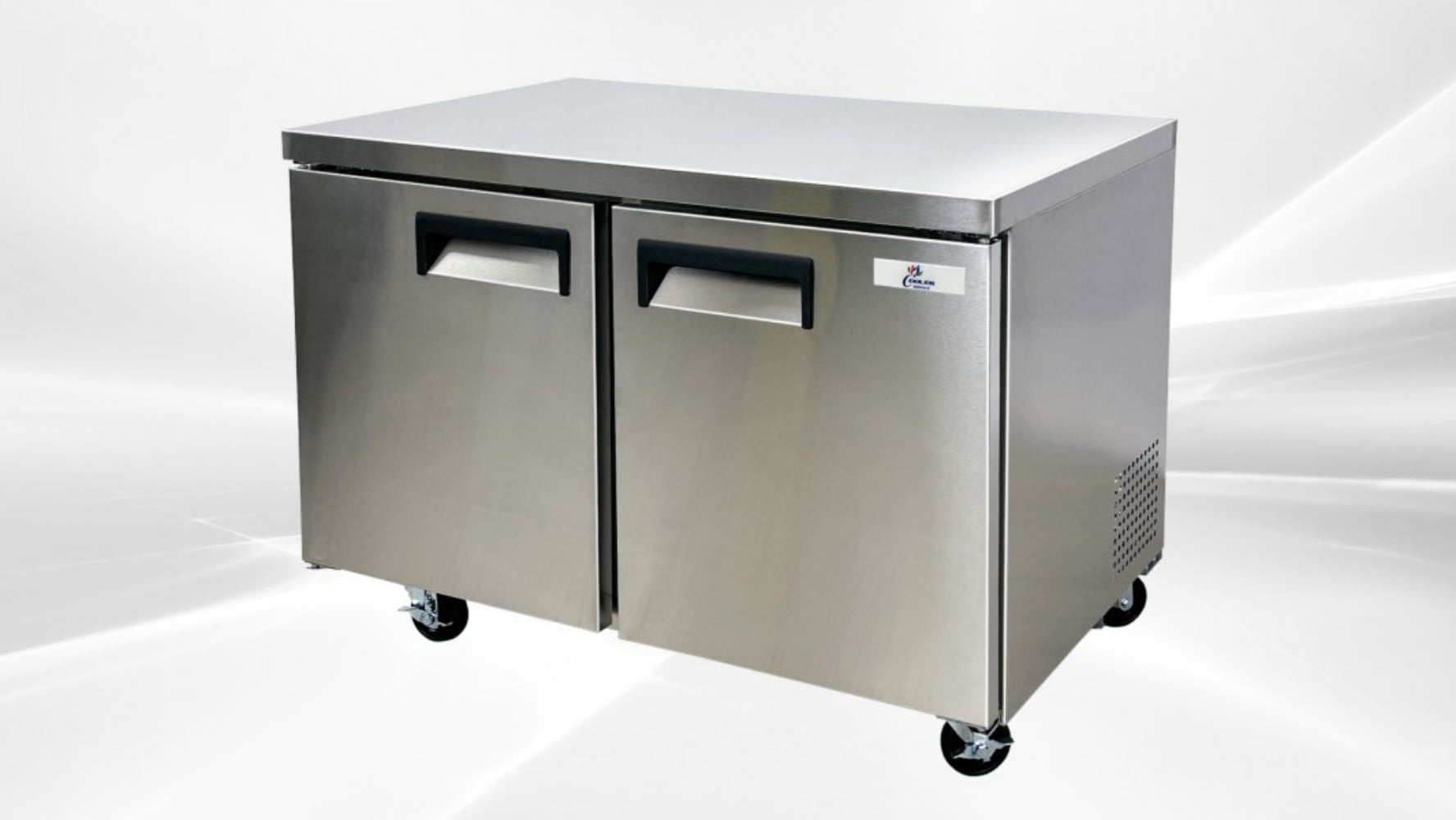 Cooler Depot 47 inch 12 cu.ft, 35 1/2" heigh Commercial Undercounter freezer, 2 Solid Doors, Stainless steel exterior, NSF certified.