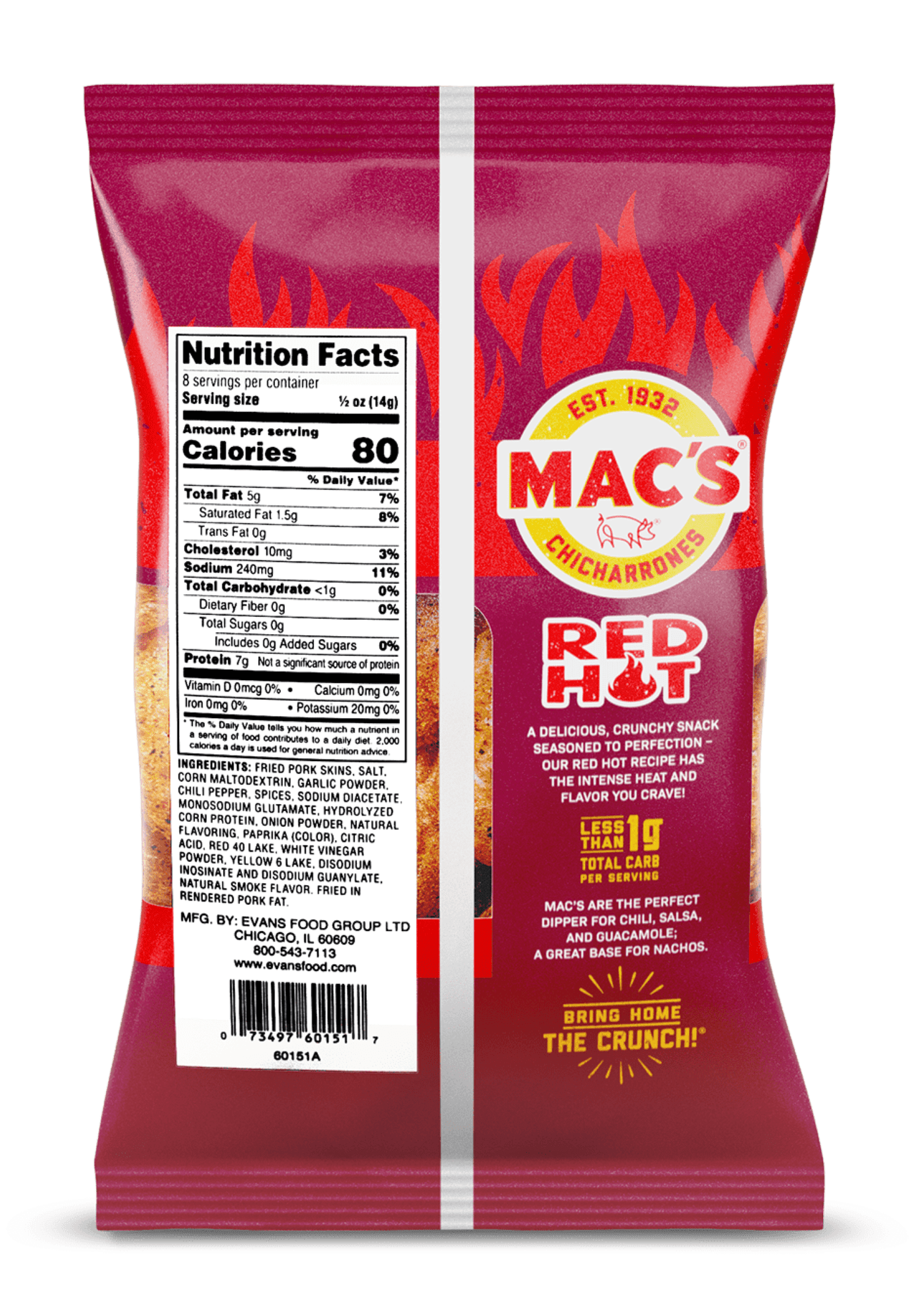(5 pack) Mac's Hot Chicharrones Pork Rinds, Pork Skins, 4 oz Bag