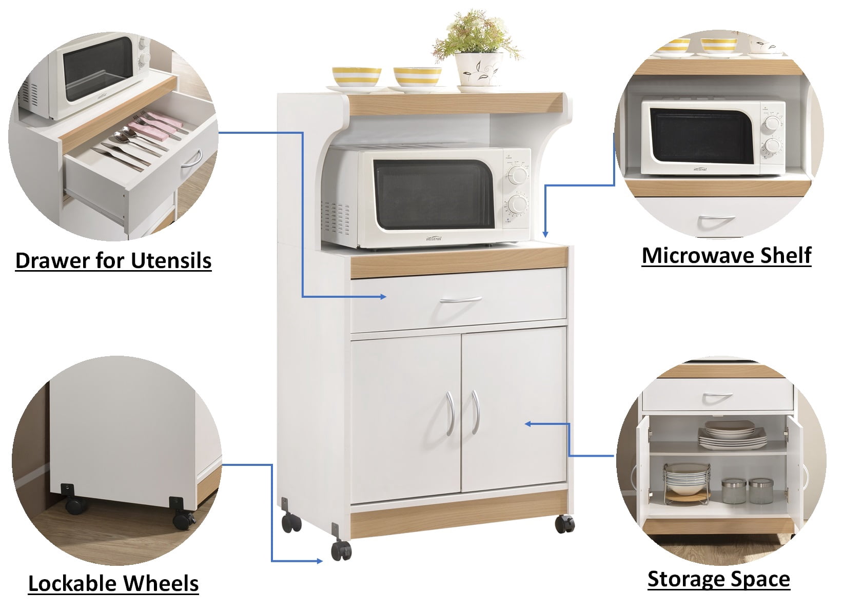 Hodedah Microwave Kitchen Cart, White