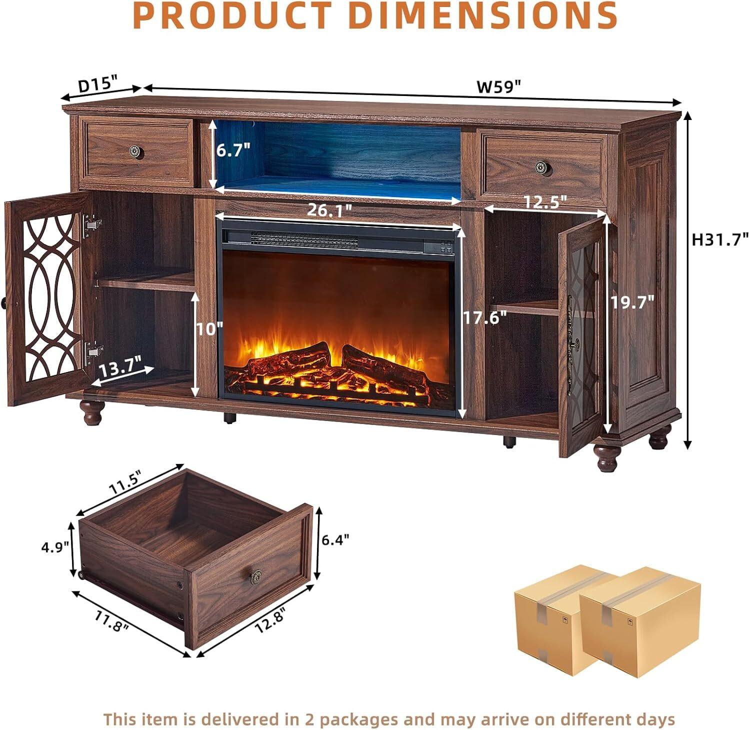59 inch Fireplace TV Stand with 26.1" Electric Fireplace, High Gloss Entertainment Center for TVs up to 65 inch with LED Lights & Storage Cabinets, Brown