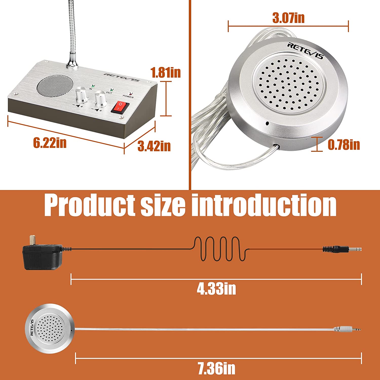 Retevis RT-9908 Wireless Window Intercom Speaker System Loud Speaker,Two  Way Intercom Microphone（Silver，1 Pack）