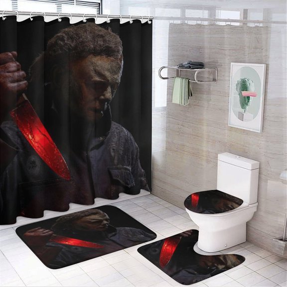 Horror 4-Piece Movie Shower Curtain Sets Bathroom Decor Sets with Rug Toilet Lid Cover,Non-Slip Rug and Non-Slip U Shape Mat and 12 Hooks