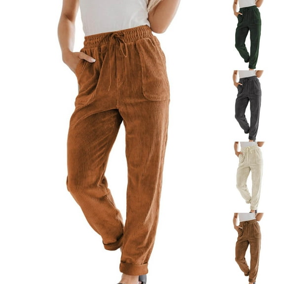 BXINGOHAI Corduroy Pants for Women Casual Drawstring Elastic High Waist Straight Leg Pants Loose Comfy Trousers with Pockets White S