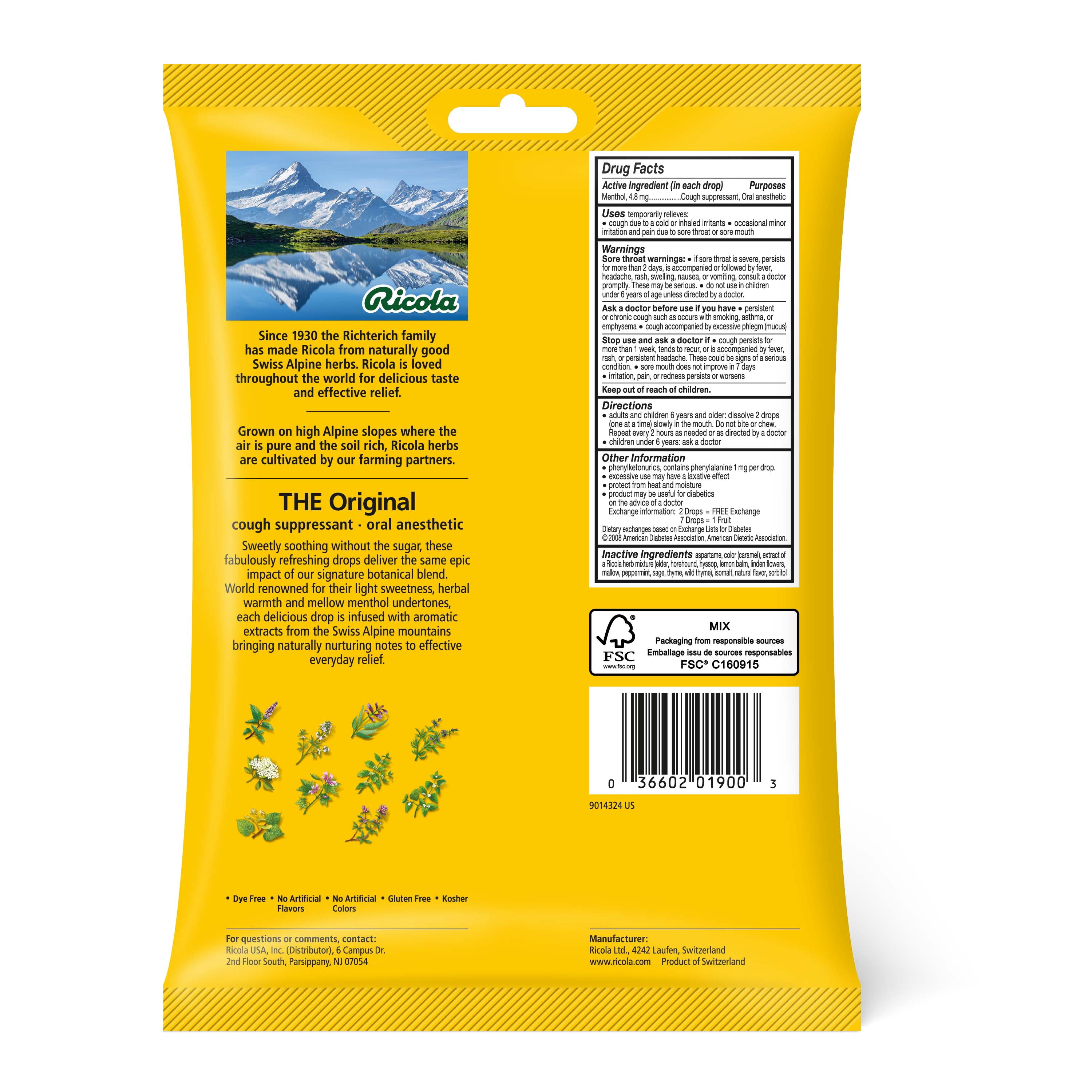 Ricola Sugar-Free Original Herb Cough Drops, Throat Relief & Cough Suppressant, 45 Count