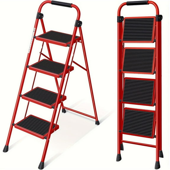 [4 Step Folding Heavy Duty Ladder] Step Ladder 4 Step Folding Step Stool For Adults With Handrails Heavy Duty Steel Sturdy Lightweight Collapsible Portable Step Ladder With Anti-Slip Wide Pedal.