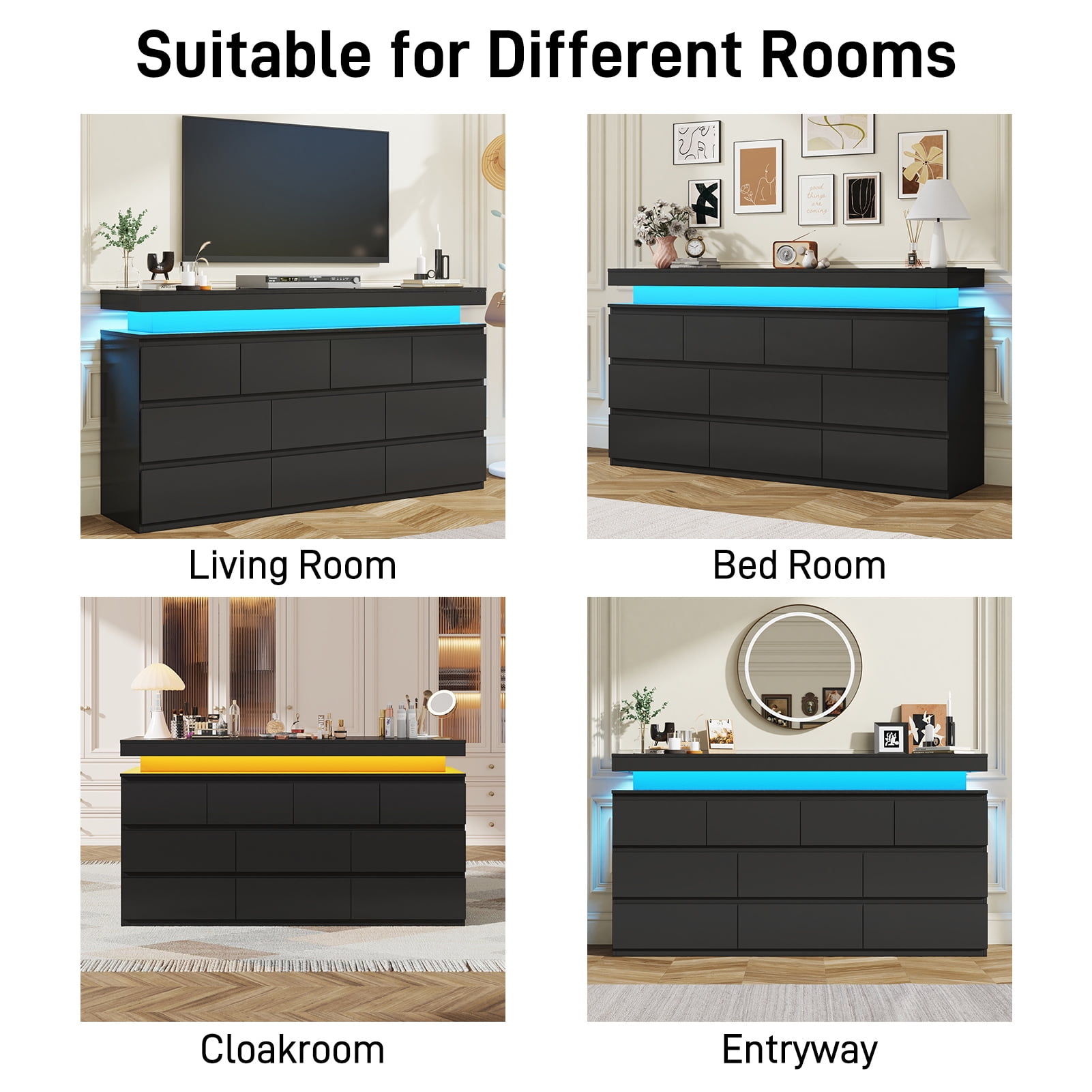 ChVans Black 10 Drawer Dresser with LED Lights, 63" Wide Modern Wood Chest of Drawers with Charging Station & Handle Free, LED Black Dresser for bedroom, Living Room, Entryway, Hallway