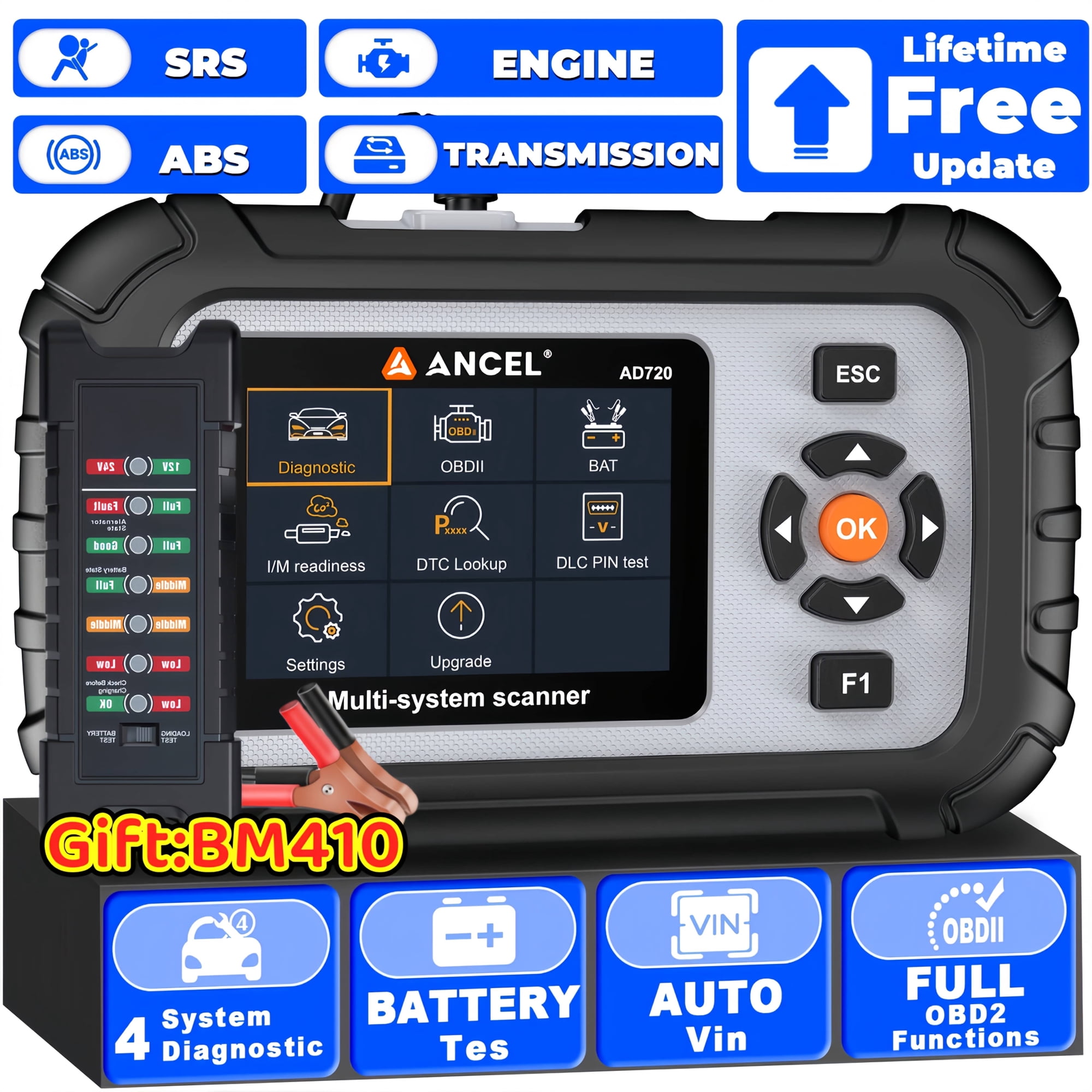 ANCEL AD720+Gift:BM410 OBD2 Scanner 4-System Car Diagnostic Tool with Battery Tester Full OBD2 Functions Live Data Lifetime Free Update