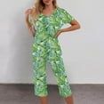 thumbnail image 2 of Pajama Sets for Women 2 Piece Floral Print Soft Cotton Short Sleeve Sleepwear V Neck Top and Capri Pants Pjs Outfits (2XL, Green), 2 of 5