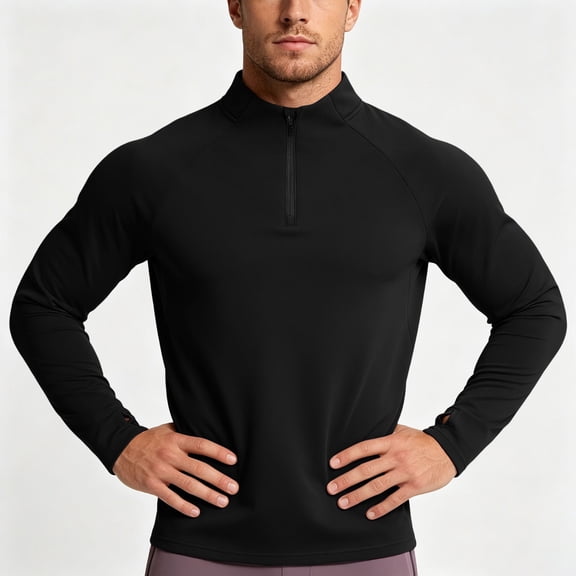 Mifsaly Men Workout Shirt Quarter Zip Long Sleeve Athletic Running Shirts Slim Fit Moisture Wicking Quick Dry Gym Performance Activewear with Thum Bholes Black,S