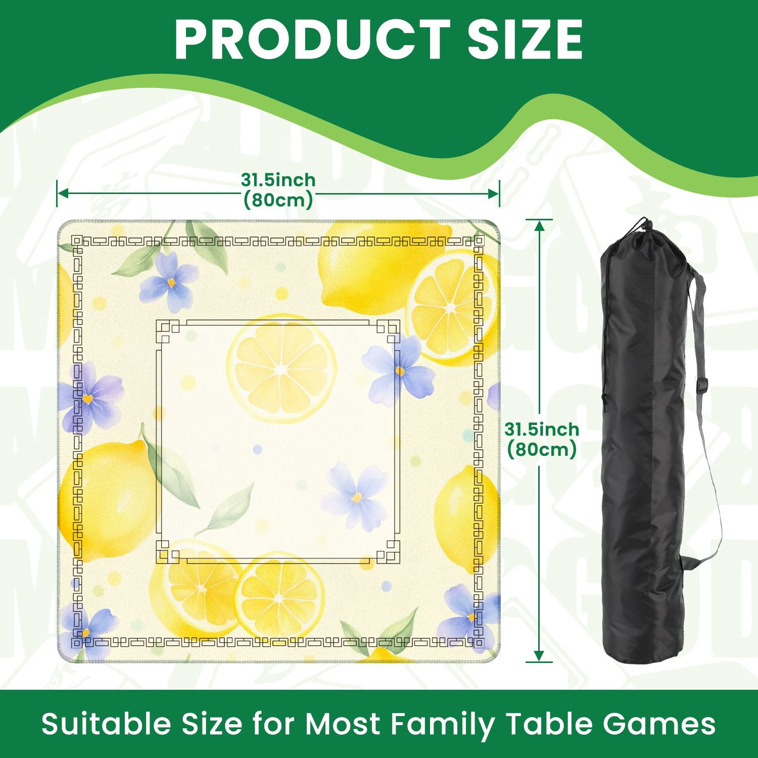 Mahjong Mat 31.5" x 31.5" Bright Lemon Purple Flower Watercolor Green Leaves Light Non-Slip Noise Reduction American Mahjong Tiles Table Cover for Dominoes Poker Card Board Games Gift