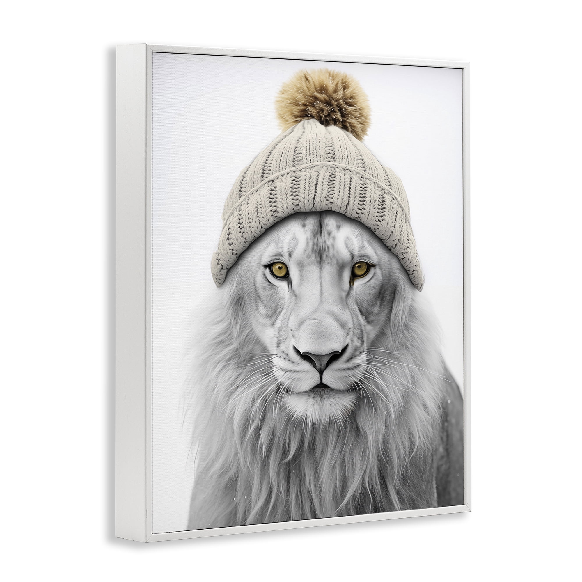 Stupell Industries Lion in Winter Hat Animals & Insects Painting White Framed Art Print Wall Art, 11 x 14