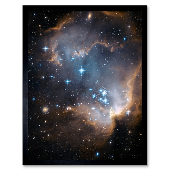 Hubble Space Telescope Image Observations Infant Stars Small Magellanic Cloud Galaxy Bright Blue Glowing Star Cluster NGC 602 Nebula Dust Pillars Art Print Framed Poster Wall Decor 12x16 inch