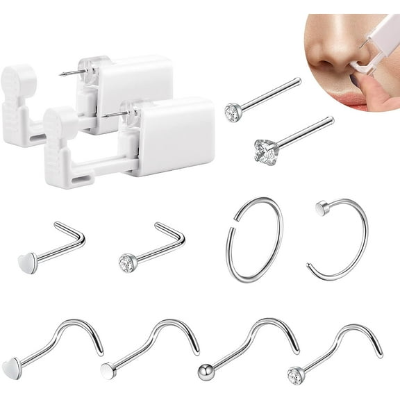 Disposable Nose Piercing Tool Set with 10 Nose Studs, Sterile and Safe Self Nose Piercing Kit for Girls Women