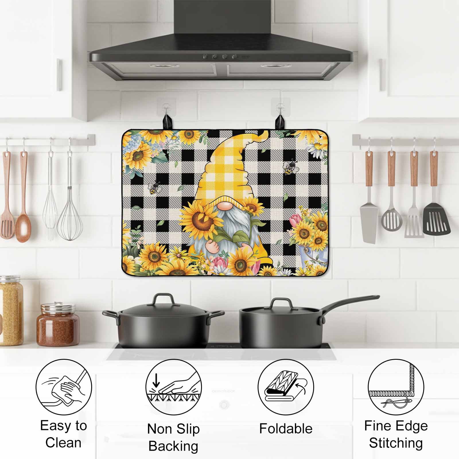 Gnomes Plaid Stove Top Cover for Electric Stove, Heat-proof & Non Slip Glass Top Stove Cover Protector, Yellow Sunflower Farmhouse Bee Black Check Kitchen Flat Cooktop Rubber Mat 31x24 Inches