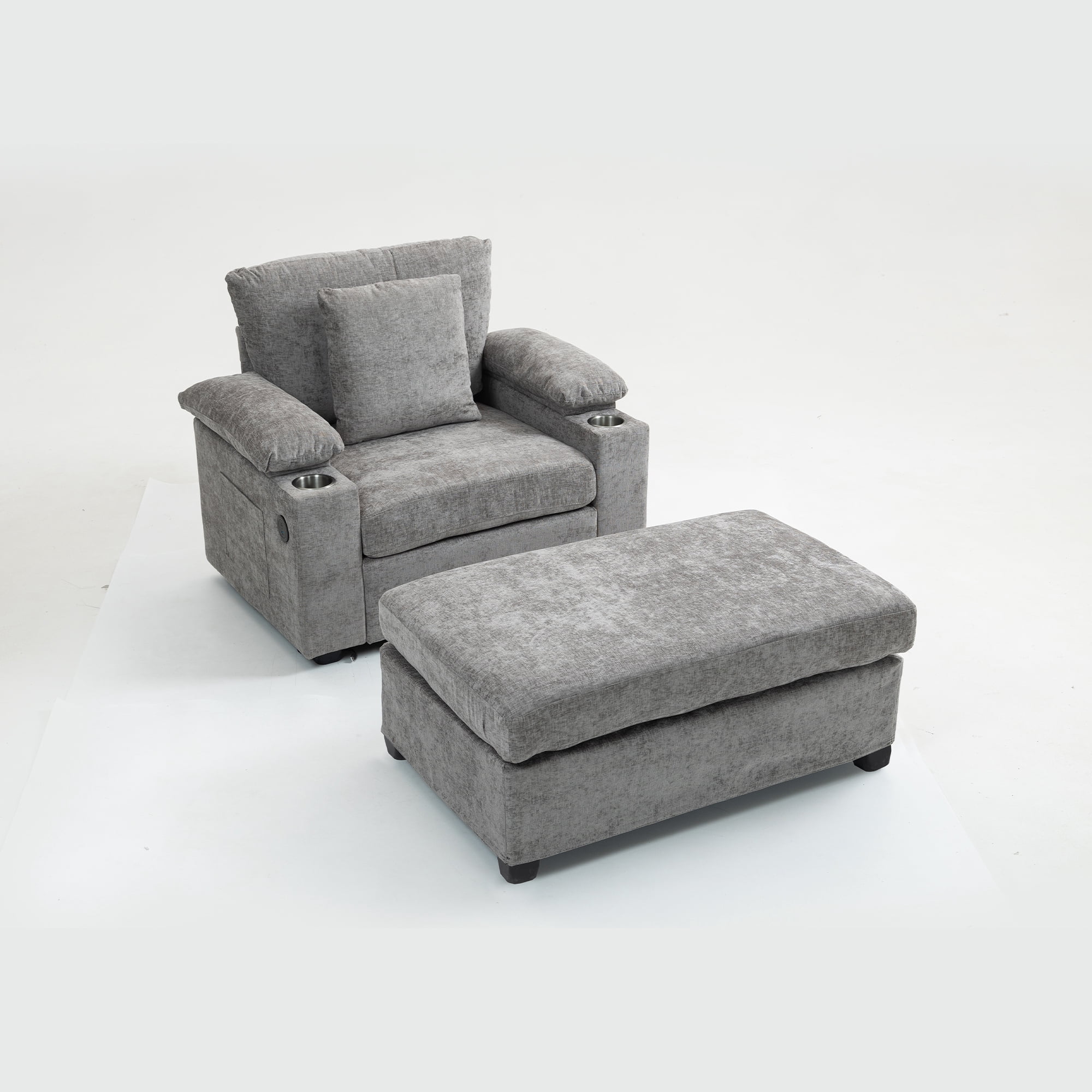Alvantor Oversized Lounge Chair with Ottoman, Chenille Accent Armchair with Cupholders & USB Charging for Living Room Grey