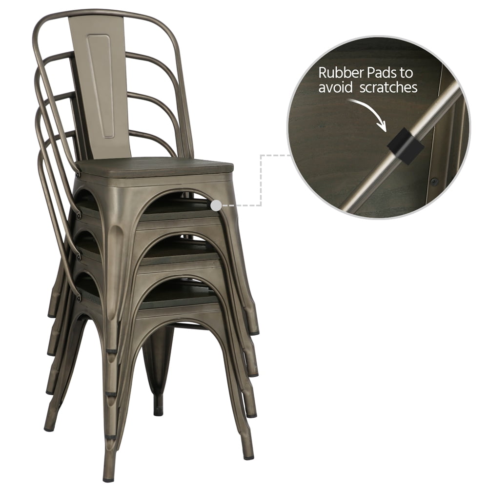 Alden Design Metal Stackable Dining Chairs with Wooden Seat, Set of 4, Gunmetal Gray