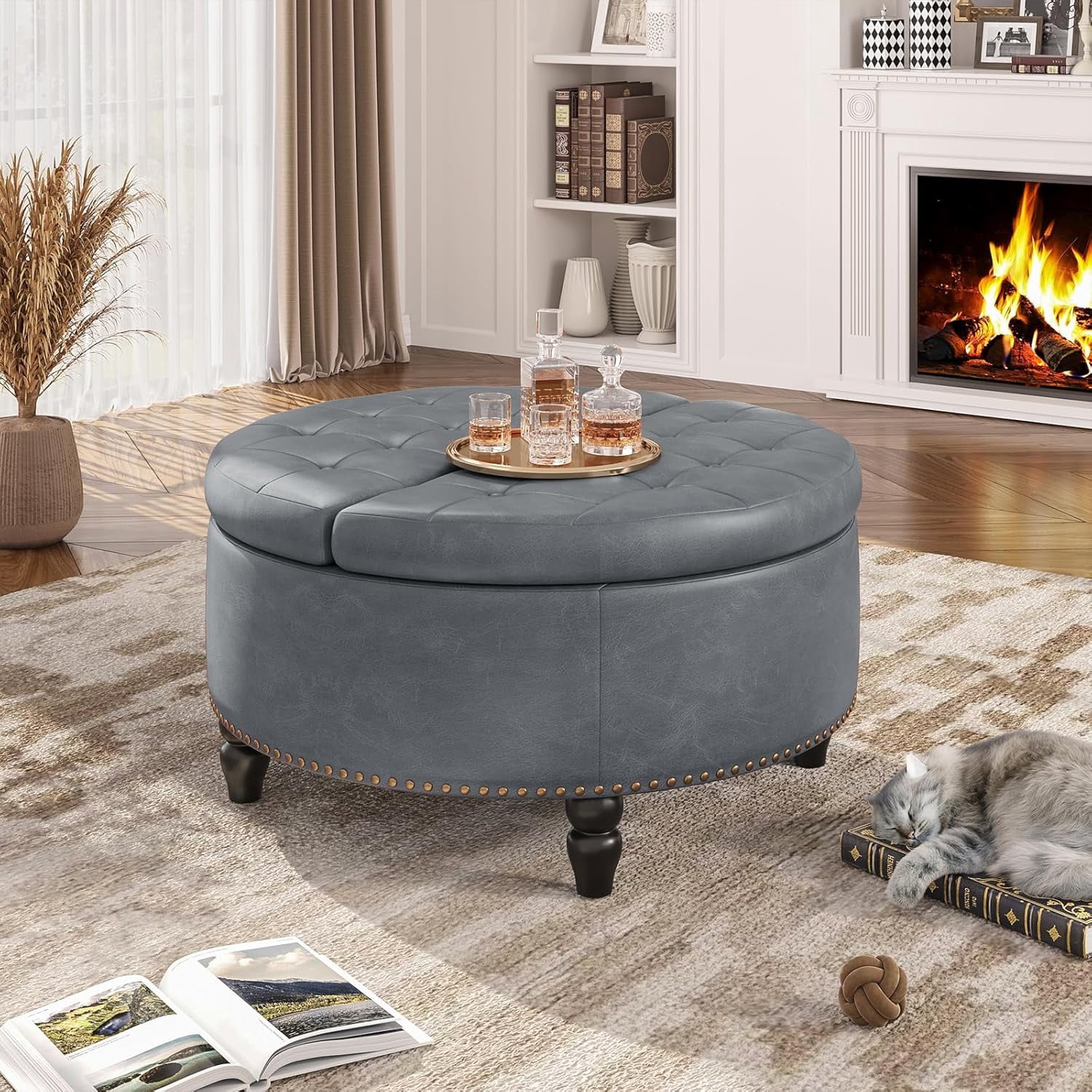 30 Inch Large Round Ottoman with Storage, Modern Leather Ottoman Coffee Table with Lift Top, Upholstered Button Tufted Footrest Stool Toy Blanket Storage for Living Room, Gray