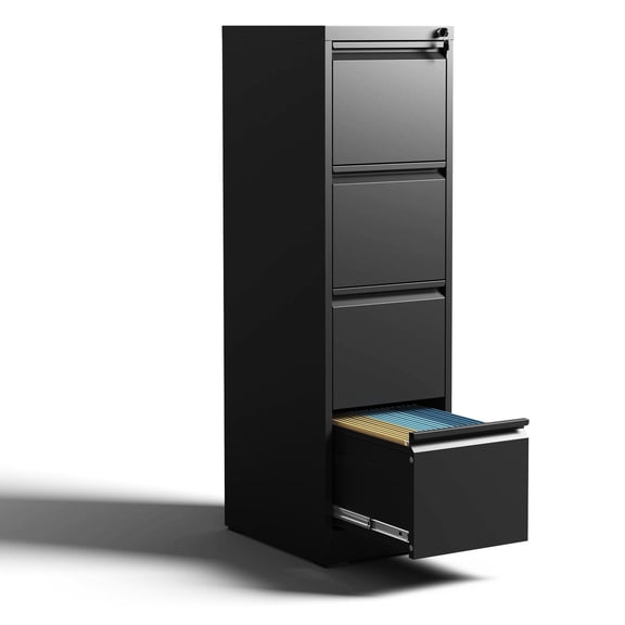 Black 4 Drawer Metal Vertical File Cabinet with Lock Office Durable Construction Full Extension Drawers Safe Storage Options