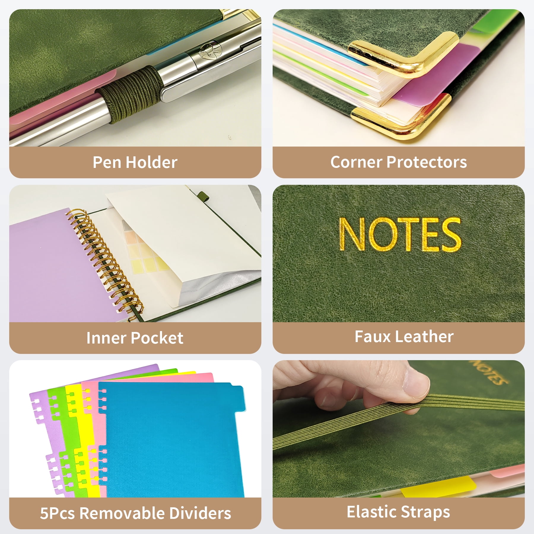 1Pack Hardcover Spiral Notebook with Tab, Ruler &  Removable Dividers, 300 Pages 8"x10" Large B5 Faux Leather Notebooks, 5 Subject Notebook College Ruled for Work, Home (Green)