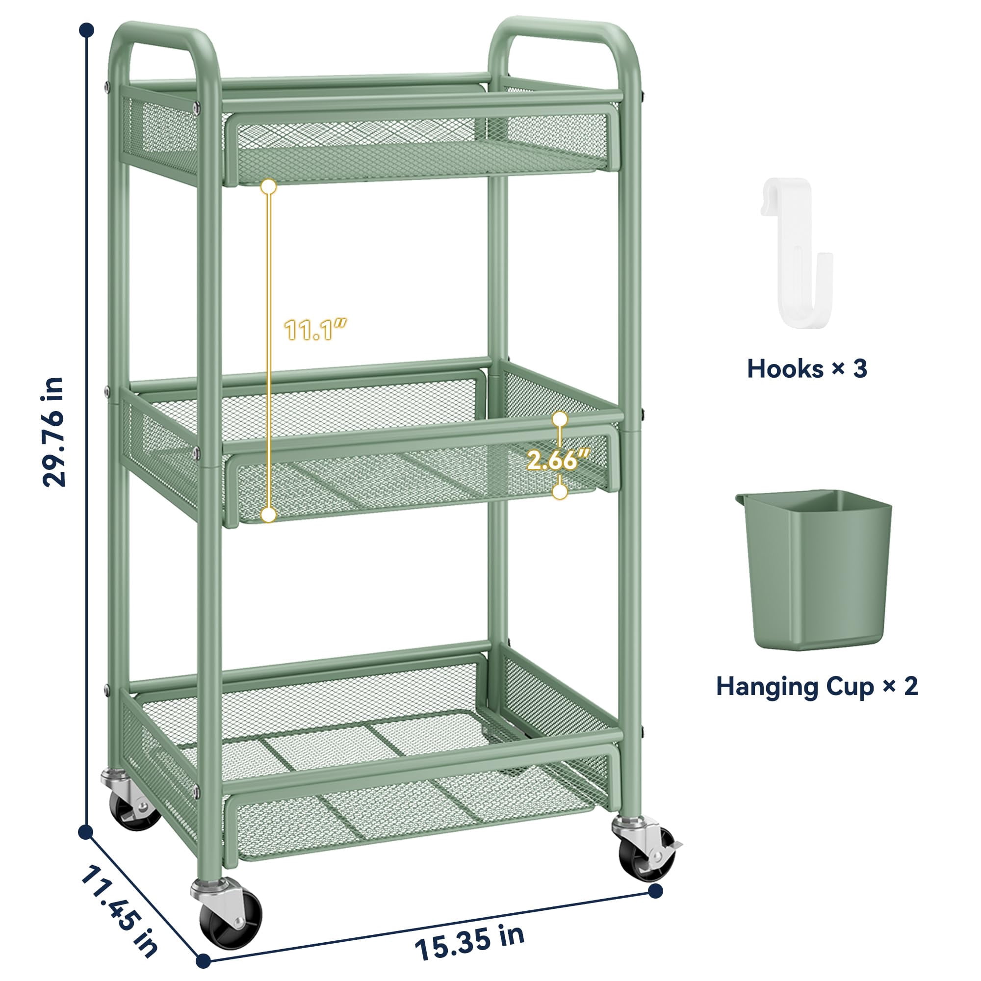 Black Metal Rolling Cart 3 Tier Utility Storage Organizer with Wheels Hanging Cups Hooks Mesh Basket for Bedside Kitchen Office