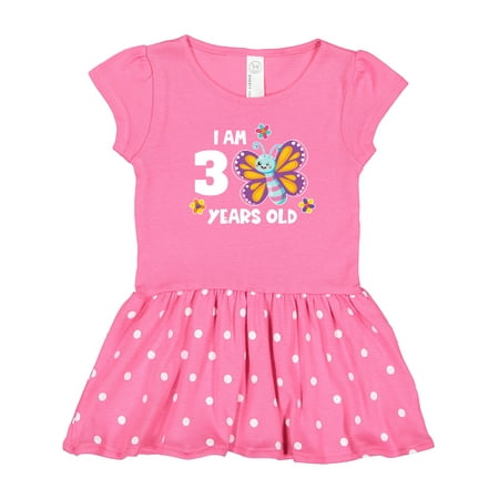 

Inktastic I Am 3 Years Old Cute Smiling Butterfly with Flowers Gift Toddler Girl Dress