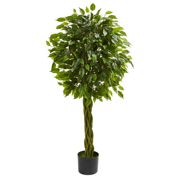 Nearly Natural 4 ft. Ficus Artificial Tree with Woven Trunk, UV Resistant (Indoor/Outdoor)