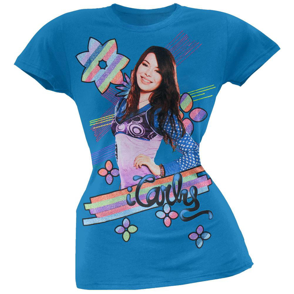 Miranda Cosgrove poses as Carly Shay in a gorgeously glitter-printed iCarly logo graphic on t...