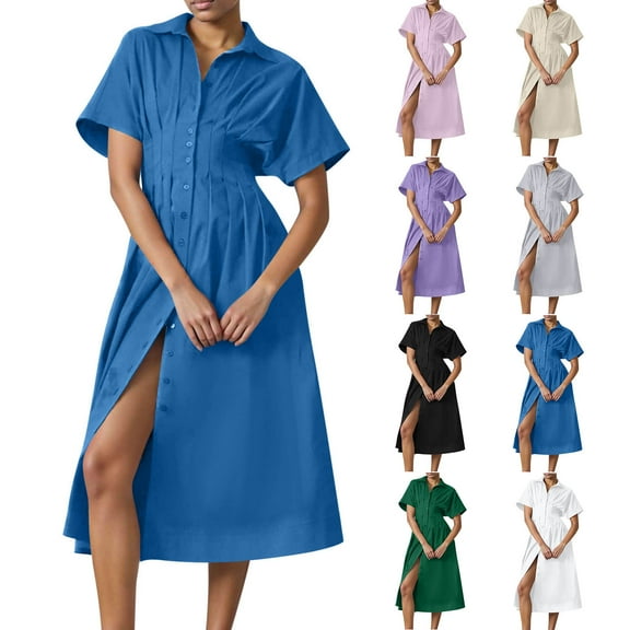 THDHVS Summer Dresses for Women 2025,Plus Size Dresses,Women Solid Button Front Pleated Shirt Maxi Dress Summer Short Sleeve Collar Casual Long Exquise Shirt Dress Green XL