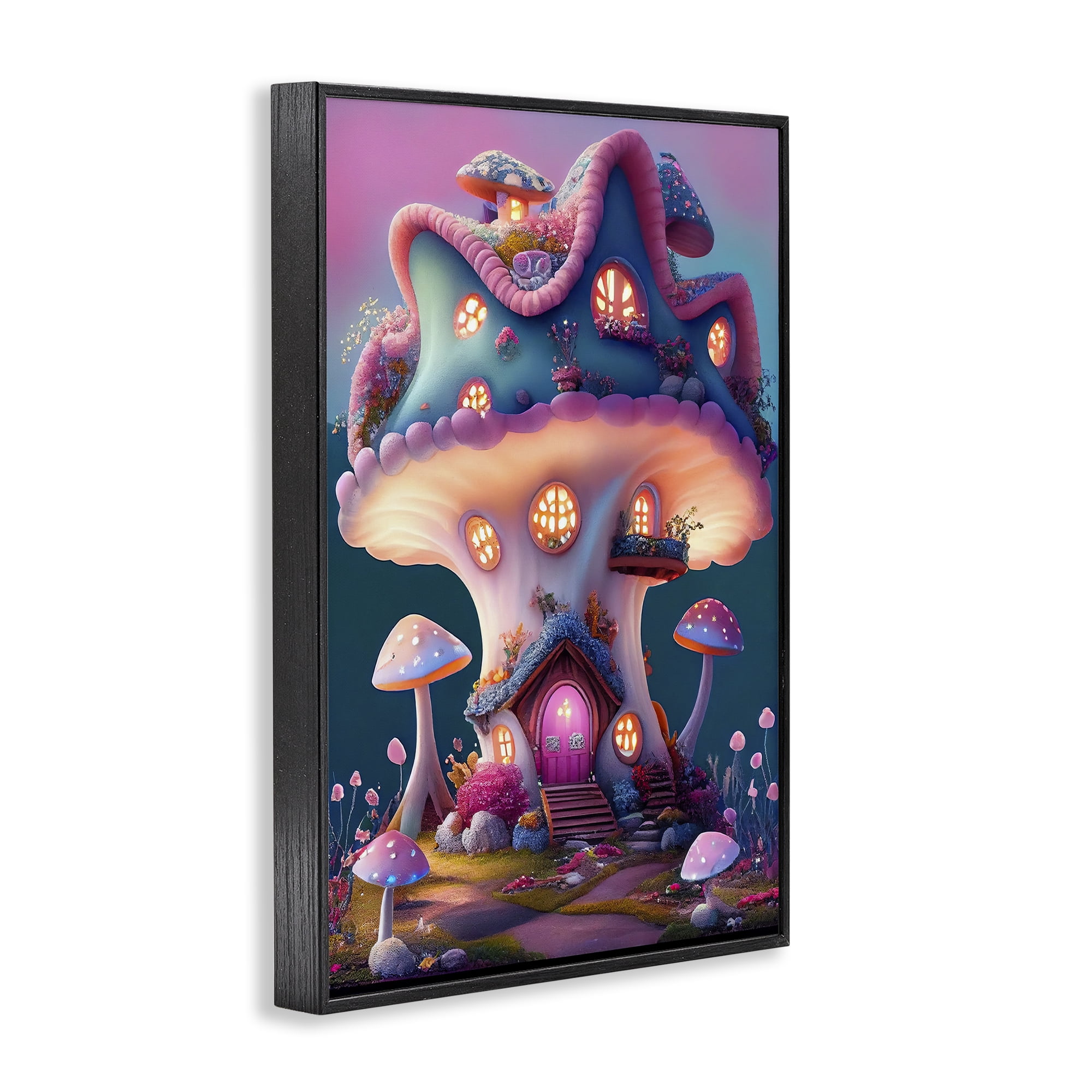Stupell Industries Mushroom Cottage House Town & City Painting Black Framed Art Print Wall Art, 20 x 30