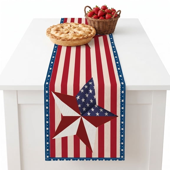 Lzobxe 4th Of July Table Runner Red White Blue Star Stripe Patterned Outdoor Tablecloth, Independence Day Floral Tablecloths for Home Kitchen Patriotic Party