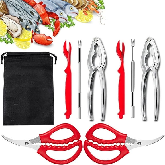 LQQBOX Crab Crackers and Tools, Lobster Crackers and Picks Set, Crab Leg Cracker Tool/Nut Crackers, Stainless Steel Crab Leg Forks, Crawfish Sheller, Scissors & Storage Bag