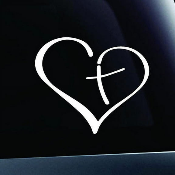 Cross Heart Christian Vinyl Cut Decals With No Background (TWO PACK) | 2-3.5 Inch White Decals | Car Truck Van Wall Laptop Cup