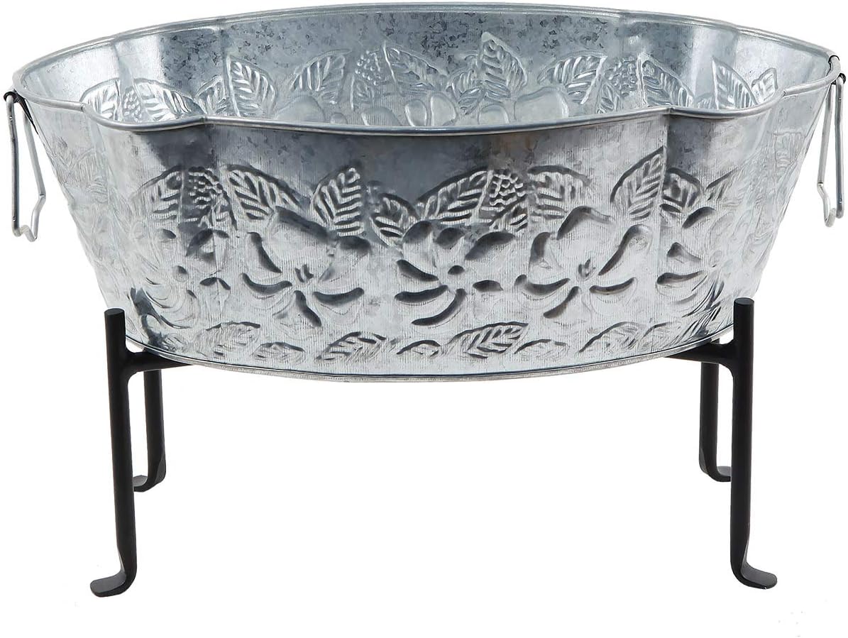 Achla C-52-S1 Embossed Oval Tub with Folding Stand, Galvanized Steel & Black - image 2 of 9
