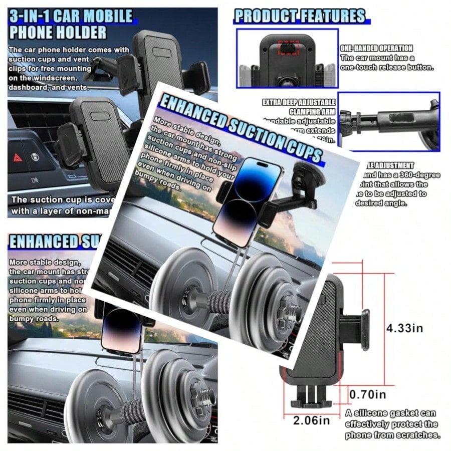 Car Phone Mount, [Thick Case & Big Phones Friendly] Long Arm Suction Cup Phone  Holder for Car Dashboard Windshield Air Vent Hands Free Clip Cell Phone  Holder Compatible with All Mobile Phones -