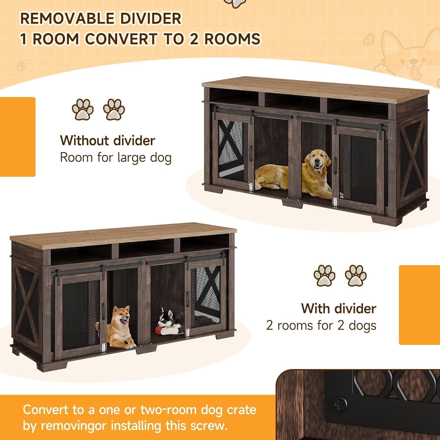 EastVita Heavy Duty Dog Crate Furniture Kennel with Removable Divider for Large Dog, Versatile Dog House with Sliding Door and Storage Cubby for 2 Dogs