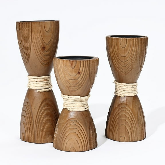 LuxenHome 3-Piece Pine Wood with Rattan Pillar Candle Holder Set