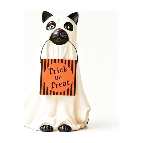 HOARBOEG Cat Ghost with Candy Bag Resin Figurine, Halloween Tabletop Decoration, Cute Spooky Cat Statue for Shelf Mantel, Trick or Treat Candy Holder, Indoor Fall Decor Gift