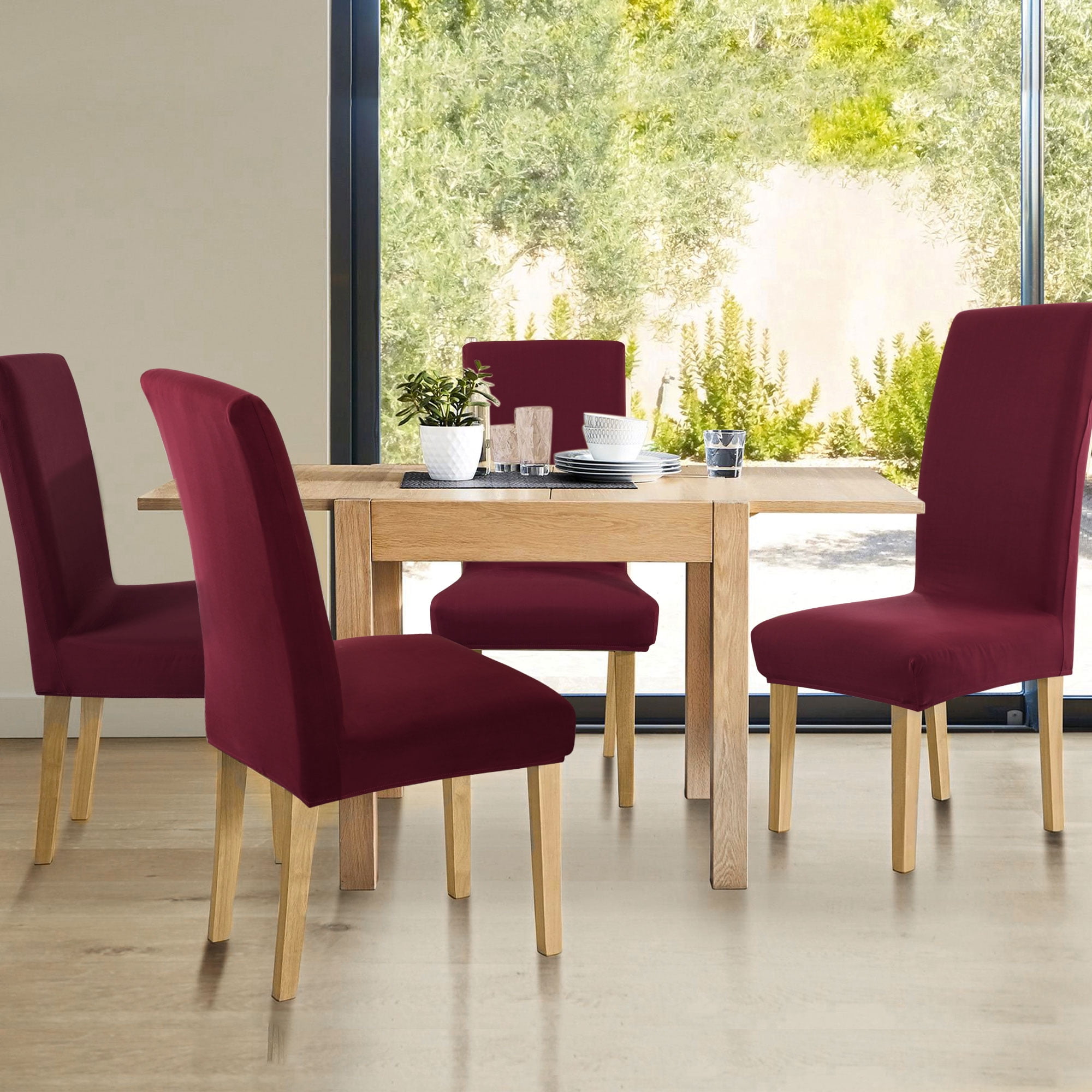 Unique Bargains Spandex Solid  Dining Chair Covers Protector Slipcovers Burgundy 2 Pcs