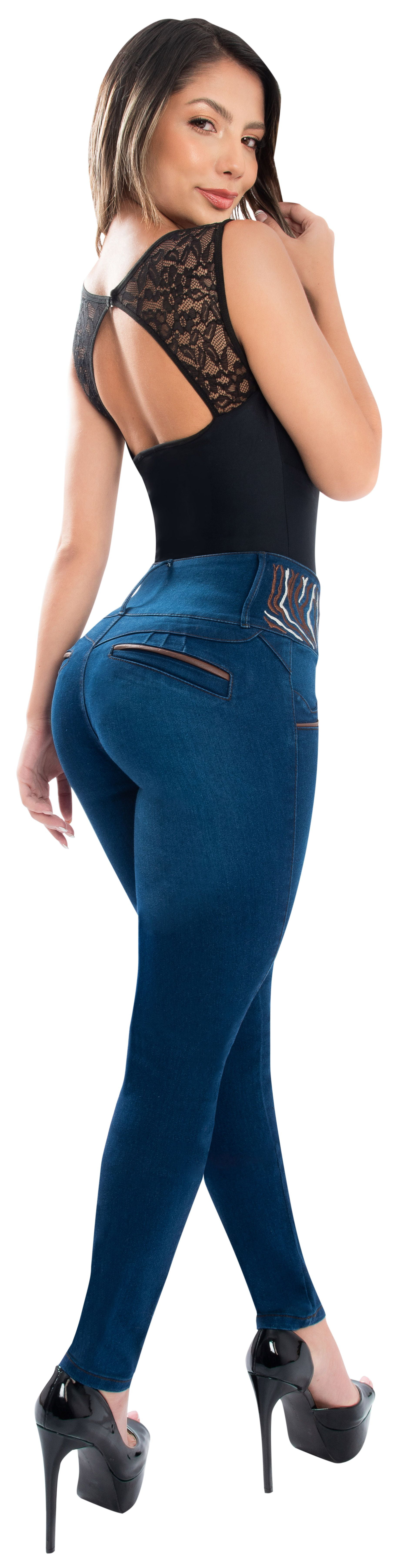 Butt Lifter Women Jeans High Rise Leatherette Waist Push Up Levanta Cola  Pantalones Colombianos 514BB Blue Size 3 USA / 8 COL