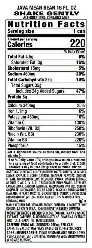 Monster Energy Java Monster Mean Bean, Coffee + Energy Drink, 15 Fl Oz (Pack of 12)