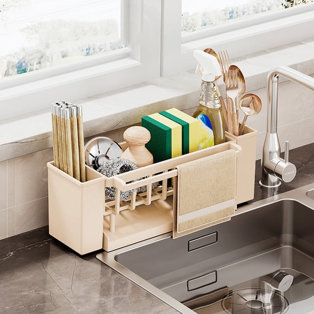 Organizador gris para fregadero de cocina con bandeja de drenaje automático y toallero | Para esponjas, jabón y cepillos | 31 cm de largo x 11 cm de ancho | No requiere montaje