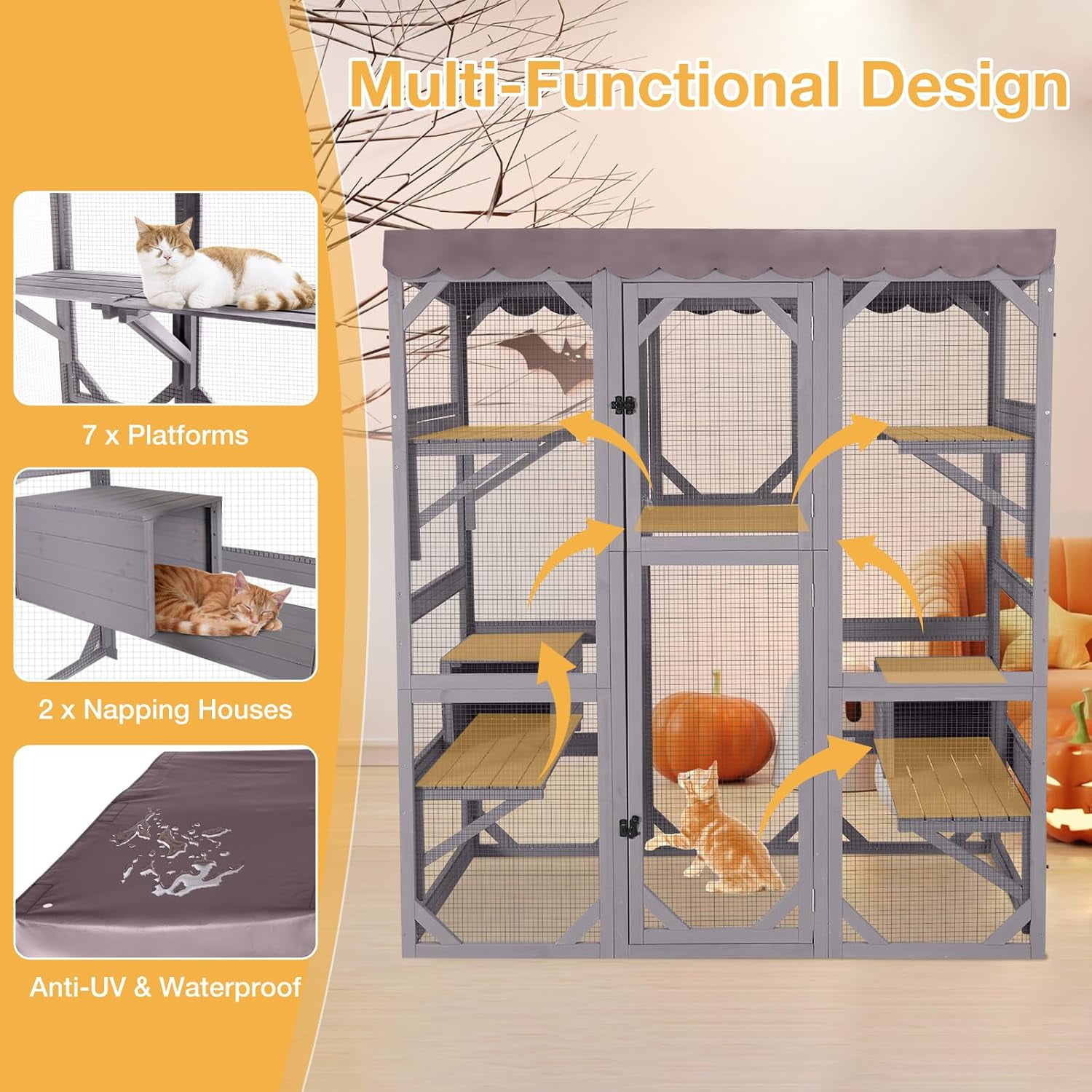 MEDEHOO Outdoor Catio Cat Enclosure, Walk-in Cat House with 7 Jumping Platforms & Weatherproof Asphalt Roof, Large Cat Cage with 2 Napping Houses, Gray 70"H