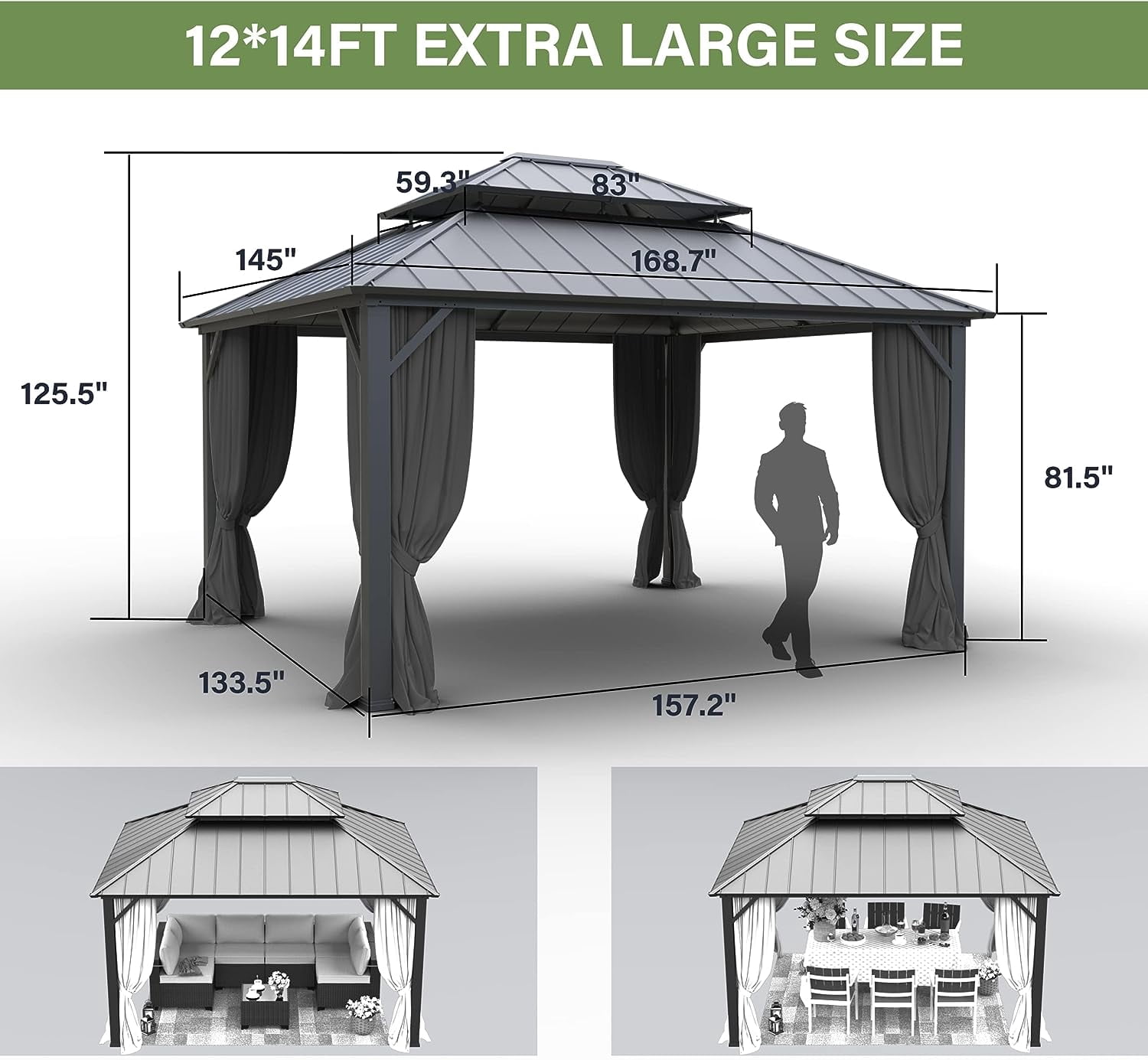 Kullavik 12'x14' Hardtop Gazebo, Outdoor Double Roof Canopy with Netting and Curtains, Galvanized Metal Frame, Sunshade for Patio, Backyard, Deck and Lawns-Gray